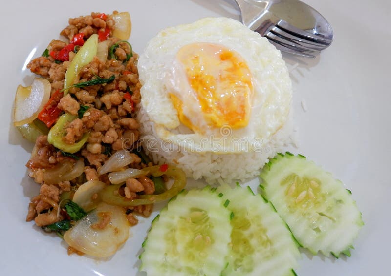 Arroz coberto com carne de porco salteado e manjericão fotos de stock