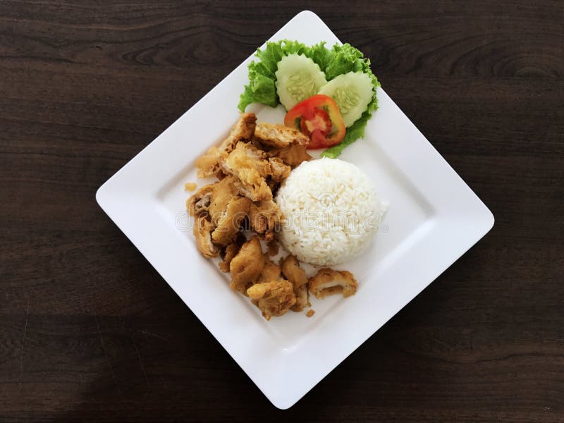 Arroz del pollo frito en el plato blanco en la tabla de madera imagen de archivo libre de regalías Arroz del pollo frito en el plato blanco en la tabla de madera imagen de archivo libre de regalías
