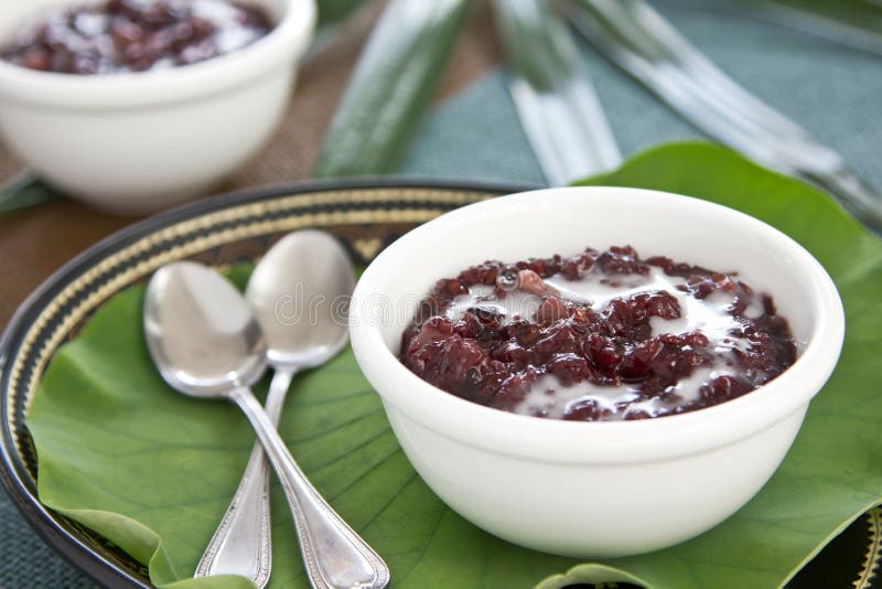 Arroz pegajoso negro con la leche de coco [postre tailandés fotos de archivo libres de regalías Arroz pegajoso negro con la leche de coco [postre tailandés fotos de archivo libres de regalías