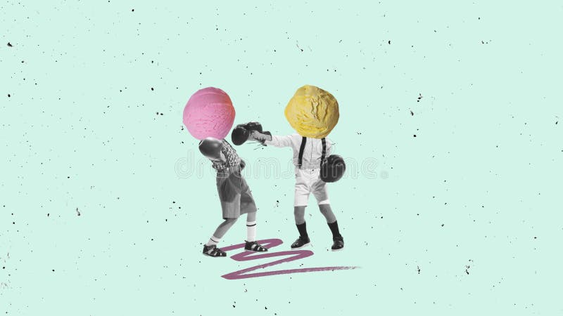 Arrêt de l'animation. petits garçons ludiques enfants avec des crèmes glacées jouer à la boxe. dessert préféré