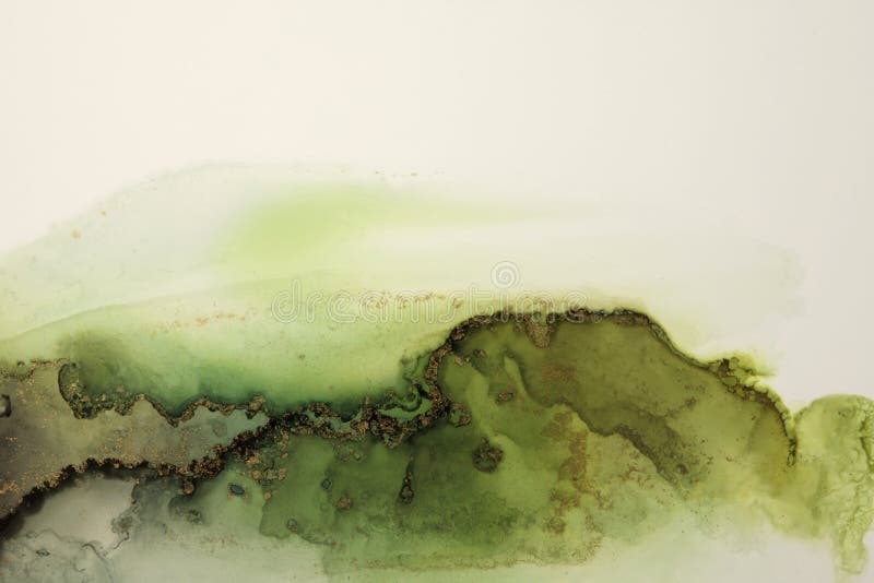 Art Abstract  watercolor flow blot painting. Color green and gold marble texture background. Alcohol ink