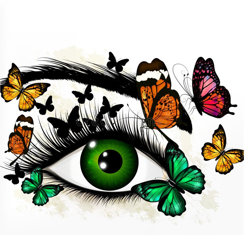 Art Background with Green Realistic Eye and Butterflies Stock Vector