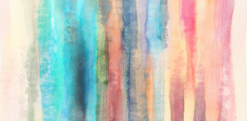 Teal and coral stripes abstract painting. Watercolor paint stains on wet textured paper. Art background in pastel colors palette