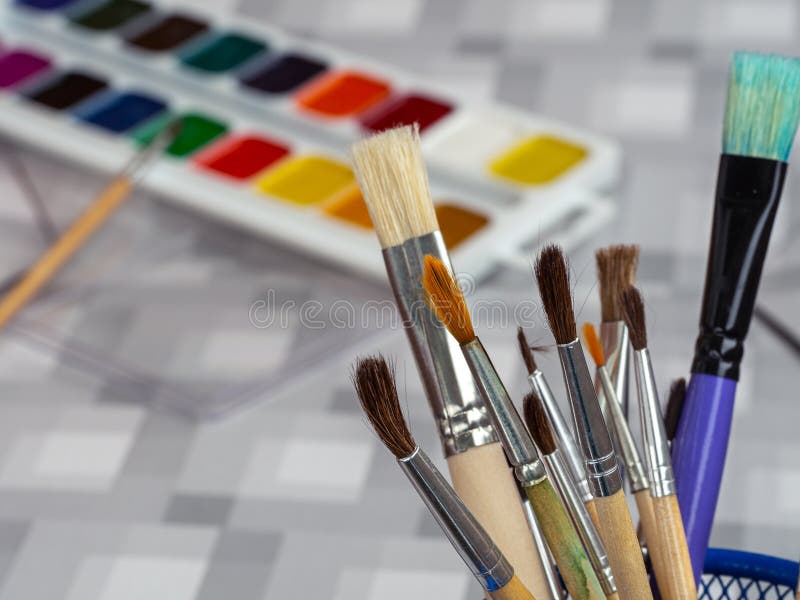 Art Brushes on the Background of Watercolor Paints. a Set of Watercolor  Paints and Brushes for Painting Stock Image - Image of natural, paint:  184905997