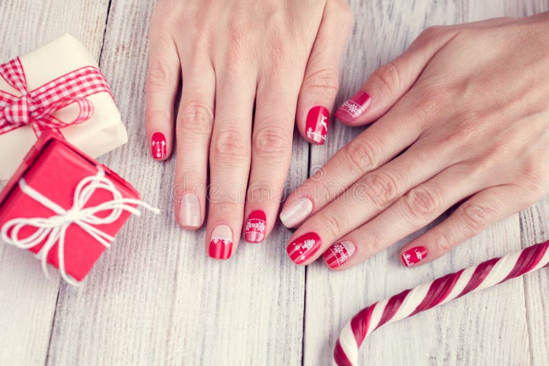 Art Christmas Manicure, Red and White Color Stock Image - Image of ...