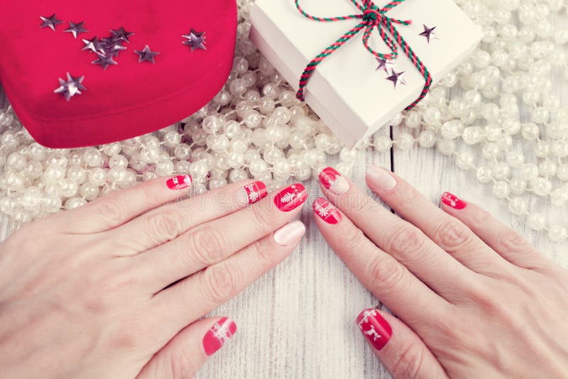 Art Christmas Manicure, Red and White Color Stock Image - Image of ...