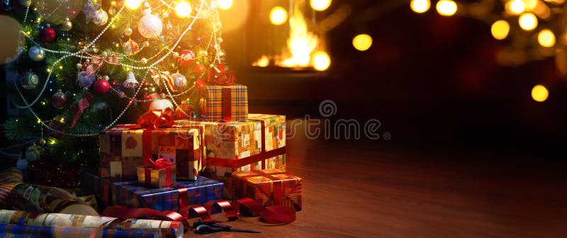 Art Christmas tree and holidays present on fireplace background