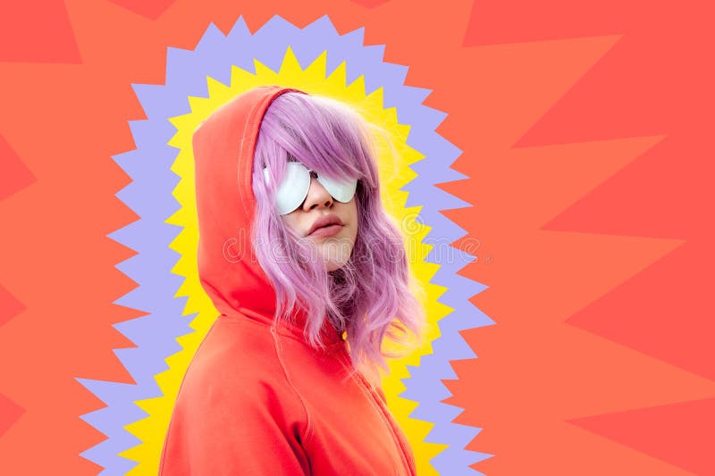 Art collage with alternative funky girl with pink hair on bright blue yellow pink background. Close up fashion portrait