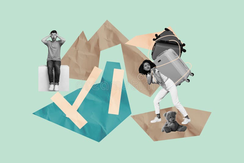 Art 3d Skizze Collage von zwei schwarz puzzled Mädchen tragen Koffer erstaunt weißen Mann sitze Karton Flüchtlingslager Umsiedlung vektor abbildung