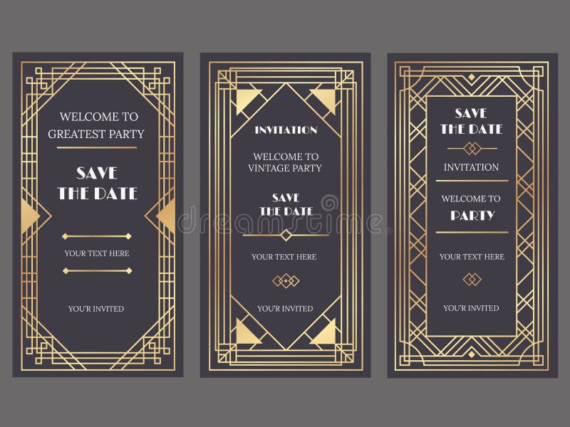 Art deco art banner. Fancy party event invitation, glamour golden retro vogue pattern and gold frames vector banners stock illustration Art deco art banner. Fancy party event invitation, glamour golden retro vogue pattern and gold frames vector banners stock illustration