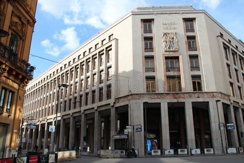 art deco building (bank of sicily) in palermo in sicily in italy. art deco building (bank of sicily) in palermo in sicily in italy