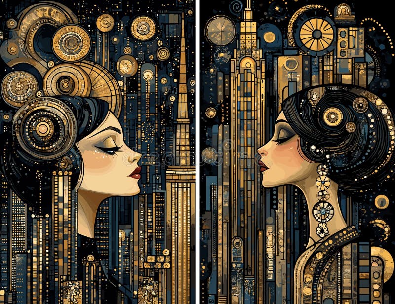 Art Deco Cartoon Frauenportrait. Schwarze Perlen Ohrringe gotische goldene halo große graue traurige Augen Mädchen Bronze stock abbildung