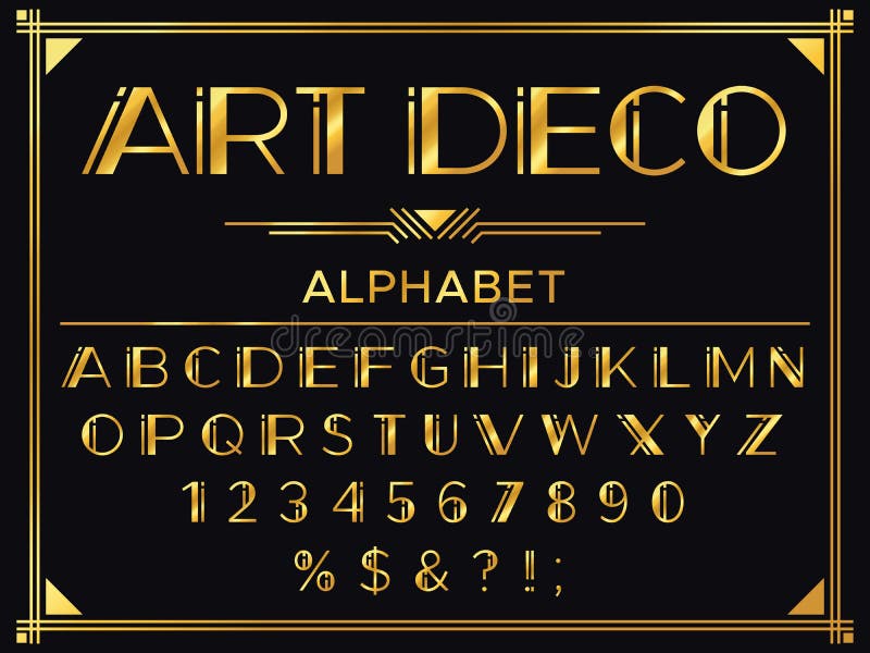 Art Deco chrzcielnica Złotych 1920s dekoracyjni listy, rocznik mody typografia i starego złota abecadła wektoru set
