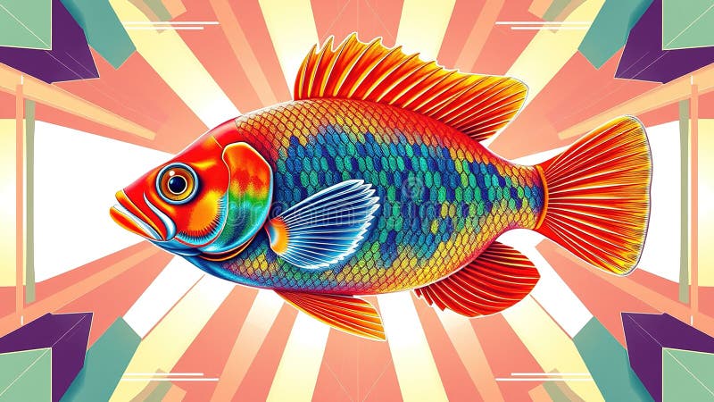 Art Deco Fish Illustration Geometric Patterned Border for Home Decor Vintage Style Digital Art Print stock abbildung.