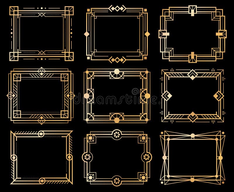 Art deco frames. Gold deco image frame borders, golden geometry line patterns. 1920s vintage luxury art elements. Vector