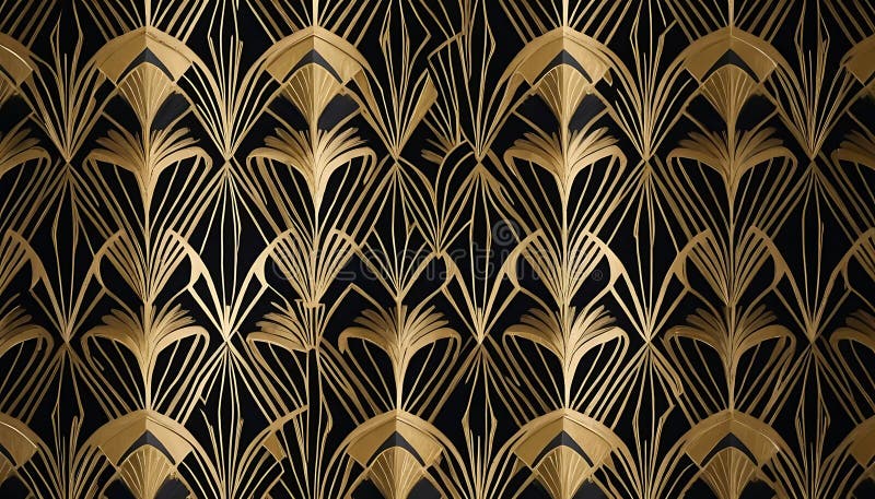 Art Deco Gold and Black Pattern. This elegant Art Deco design features a repeating pattern of gold stylized feathers on a black background. The intricate details and geometric shapes are reminiscent of the 1920s and 30s. This image was generated by AI, showcasing the potential of artificial intelligence in creating visually stunni