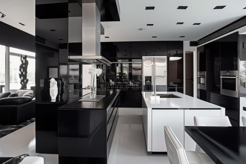 Art Deco Home with Dramatic Black and White Color Scheme Stock Image