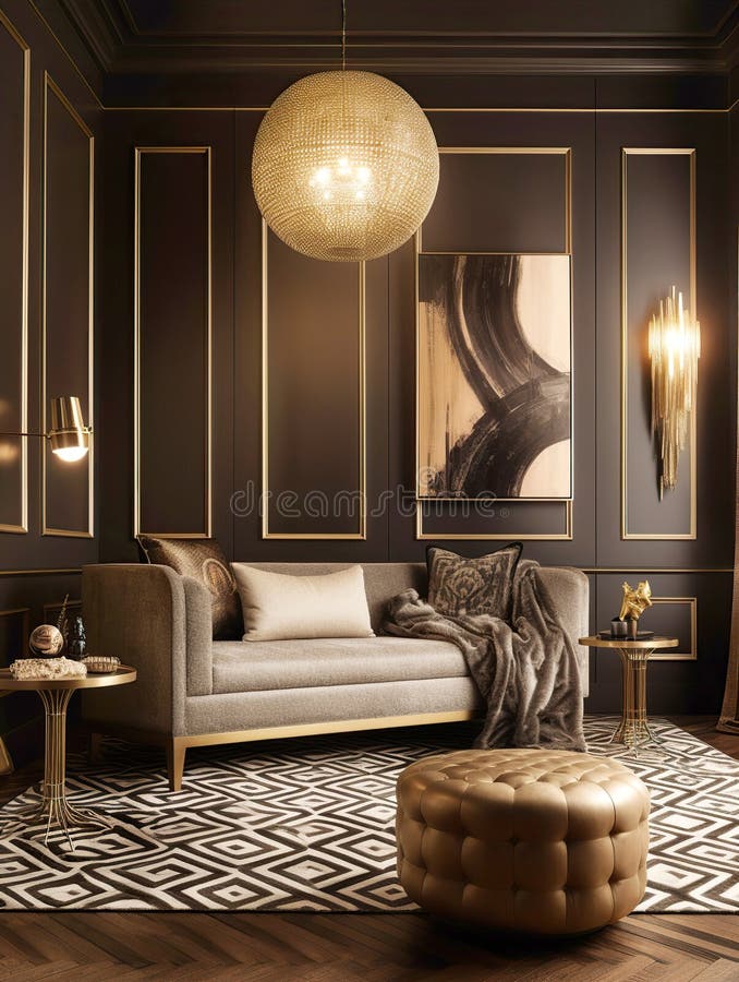 Art Deco Interior Design of Modern Living Room with Black Wall. Created