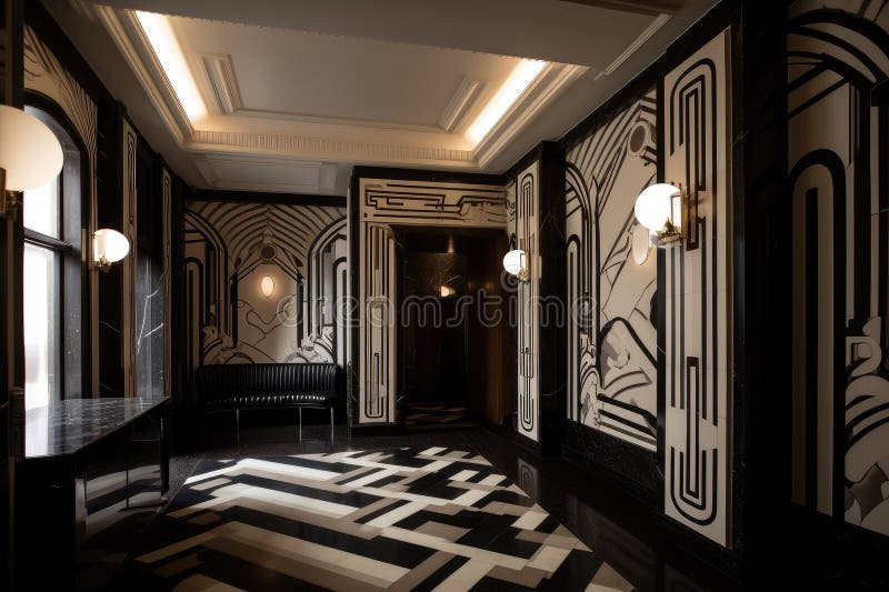 Art Deco Interior, with Sleek Black and White Design Features Stock