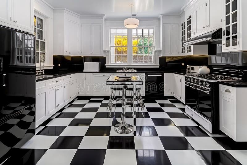 Art Deco Kitchen, with Sleek Black and White Tile Floor and Vintage ...