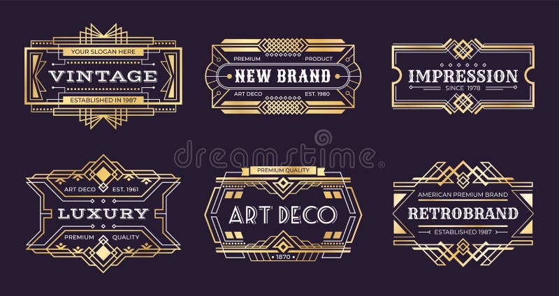 Art deco labels. Vintage ornamental logos, 1920s vintage golden badge, nouveau decorative banners. Vector art deco stock illustration Art deco labels. Vintage ornamental logos, 1920s vintage golden badge, nouveau decorative banners. Vector art deco stock illustration