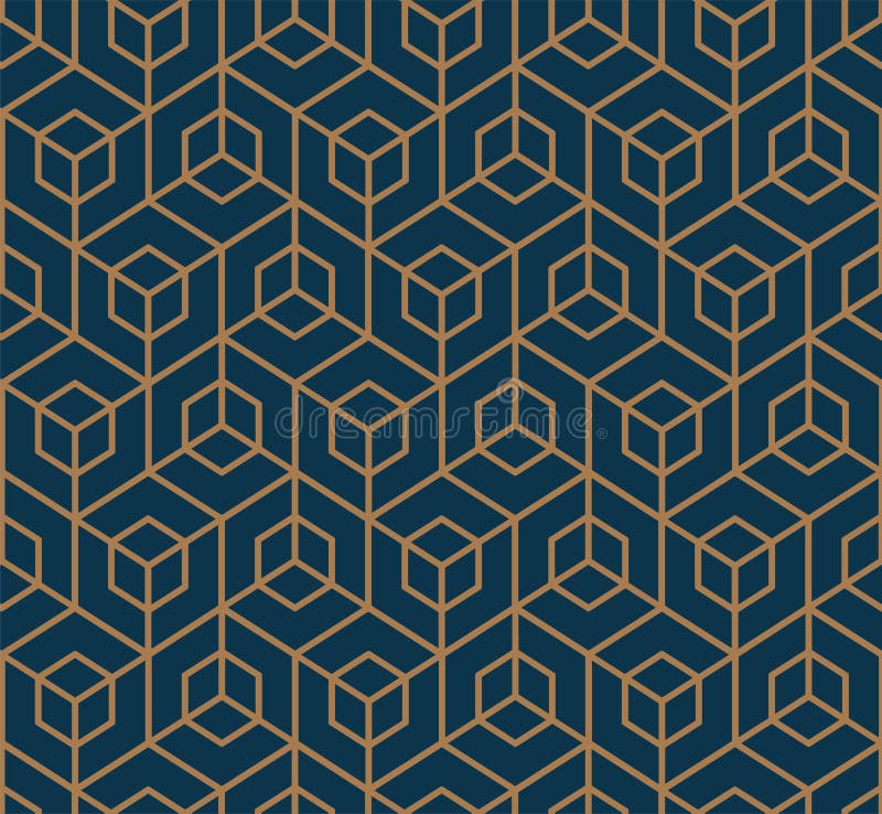 Art deco line art. Cube grid pattern in gold and blue color. Decorative seamless background. vector illustration