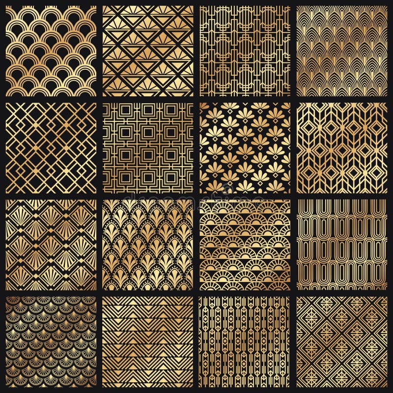 Art Deco Patterns Dekorativa guld- linjer, vinkelformig linje ram och för modellvektor för 1920 konster guld- uppsättning stock illustrationer