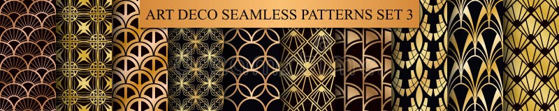 Art Deco Patterns Set. Golden backgrounds. Fan scales ornaments. Geometric decorative digital papers. Vector line design. 1920-30s motifs. Luxury vintage illustration for design
