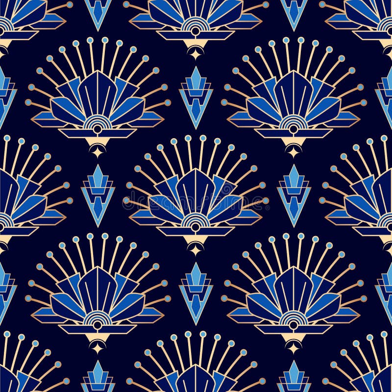 Art Deco Seamless Pattern. Luxury Gold and Blue Geometric Decorative