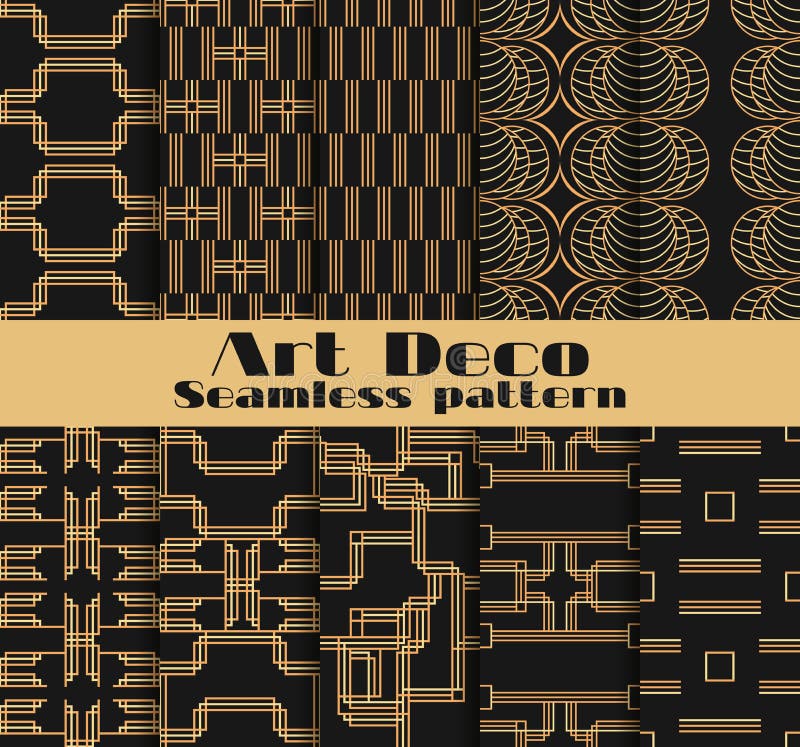 Art deco seamless patterns. Set of ten geometric backgrounds. Style 1920`s, 1930`s. Vector royalty free illustration Art deco seamless patterns. Set of ten geometric backgrounds. Style 1920`s, 1930`s. Vector royalty free illustration