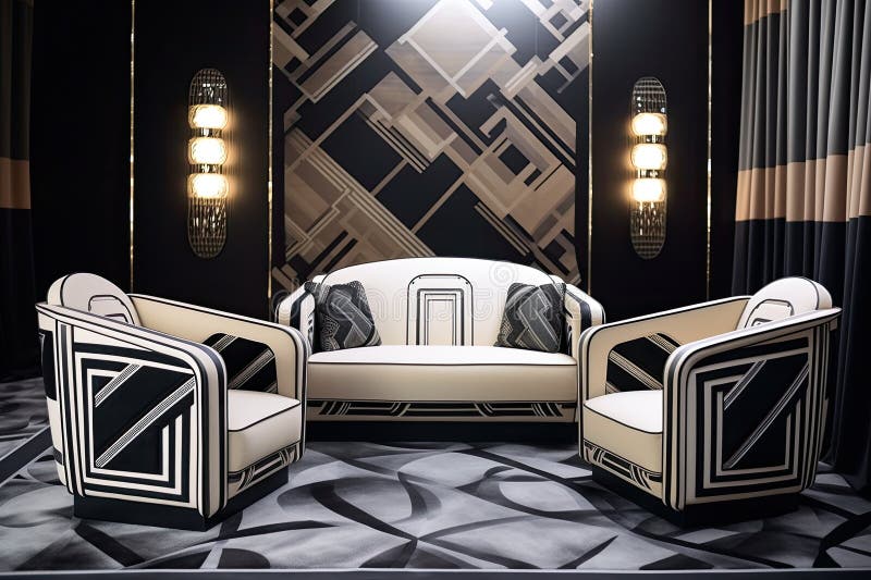 Art Deco Sofa and Chairs, with Sleek Lines and Geometric Patterns Stock