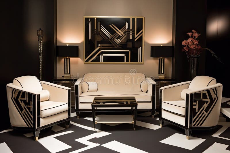 Art Deco Sofa and Chairs, with Sleek Lines and Geometric Patterns Stock