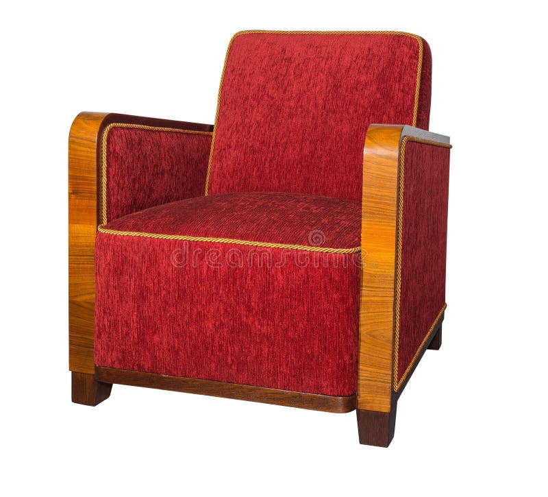 Art Deco Style Upholstered Red Armchair with Angular Wooden Armrests