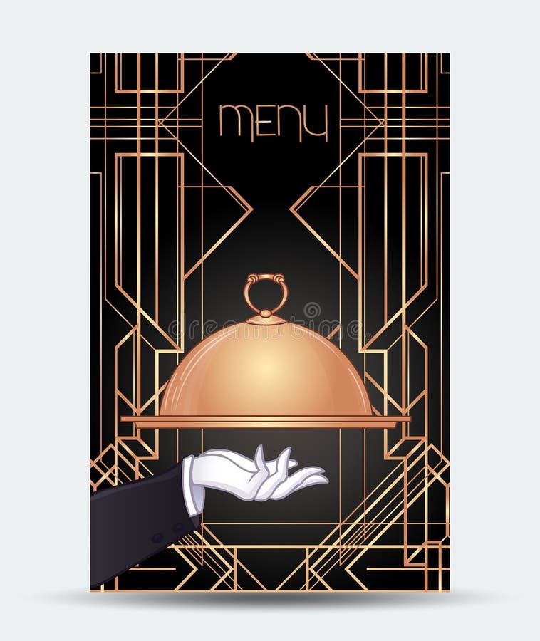 Art Deco vintage invitation template design with illustration of man. Great Gatsby inspired. patterns and frames. Retro party