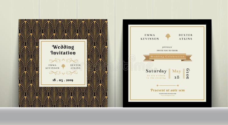 Umění svatební oznámení karta v zlato a černý barva na dřevo.