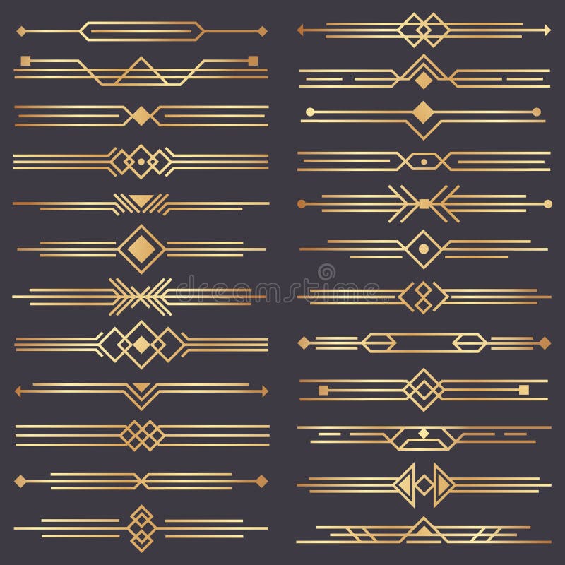 Art- DecoTeiler Goldretro- Künste Grenze, zwanziger Jahre dekorative Verzierungen und goldener Teilergrenzvektorentwurfssatz lizenzfreie abbildung Art- DecoTeiler Goldretro- Künste Grenze, zwanziger Jahre dekorative Verzierungen und goldener Teilergrenzvektorentwurfssatz lizenzfreie abbildung