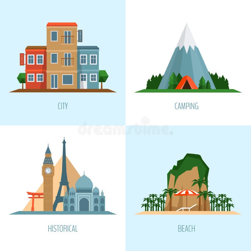 Art der Reise Stadt, Strand, Kampieren und historischer Tourismus ico vektor abbildung Art der Reise Stadt, Strand, Kampieren und historischer Tourismus ico vektor abbildung