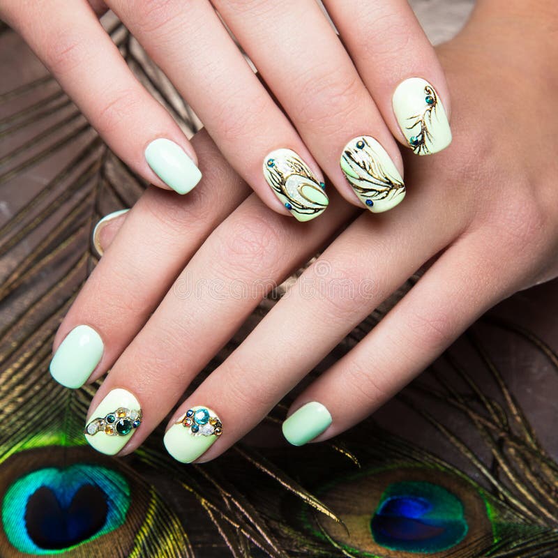 art design manicure peacock feather female hands close up fashion nails photos shot studio 66875301