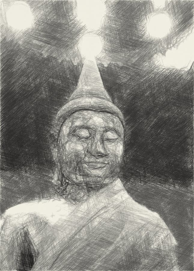 Drawing Black and White of Buddha Statue in Old Temple at Thailand