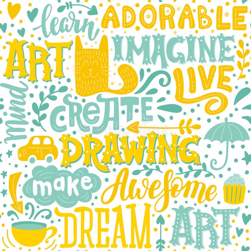 Yellow and blue background with motivation lettering and cute details royalty free illustration