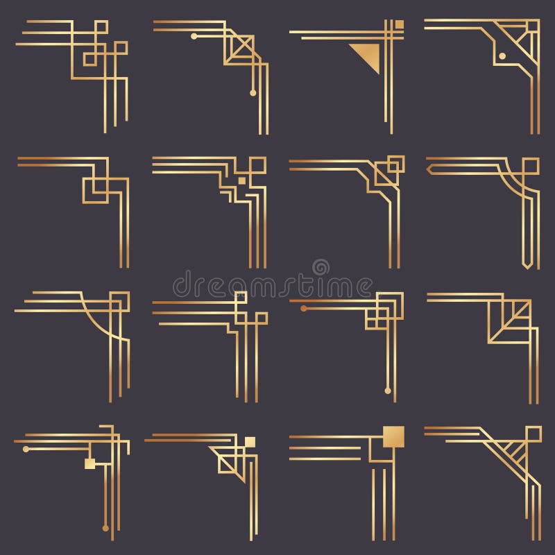 Art décohörn Moderna grafiska hörn för guld- modellgräns för tappning Den guld- 20-tal danar dekorativa linjer ram stock illustrationer
