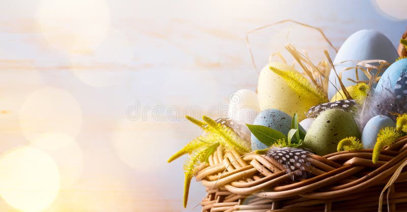 Art Easter background with Easter eggs in the basket