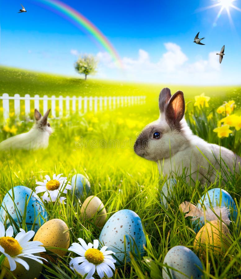 Art Easter-Häschen und Ostereier auf Wiese. stockbild Art Easter-Häschen und Ostereier auf Wiese. stockbild