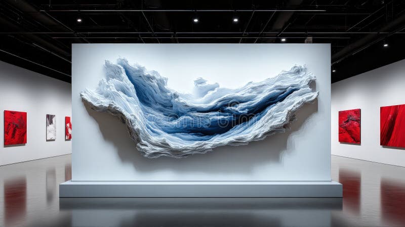 An art gallery showcases abstract sculptures with vibrant colors, attracting visitors to explore unique creative stock photography