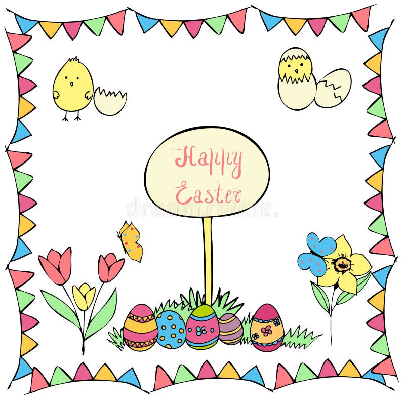 Easter greeting card with spring flowers, eggs and chickens, easter doodle elements, happy easter vector set, collection of vector royalty free illustration