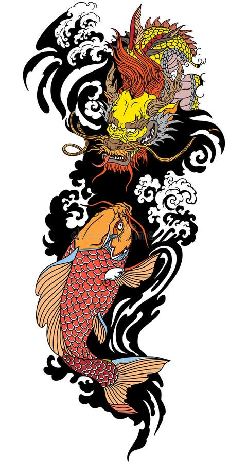 East Asian Dragon and Koi Carp. Black and White Tattoo Stock Vector ...