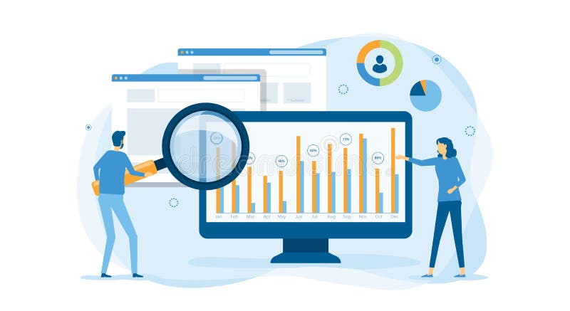 Flat business people working analytics and monitoring research on web report dashboard monitor and vector illustration design bann royalty free illustration