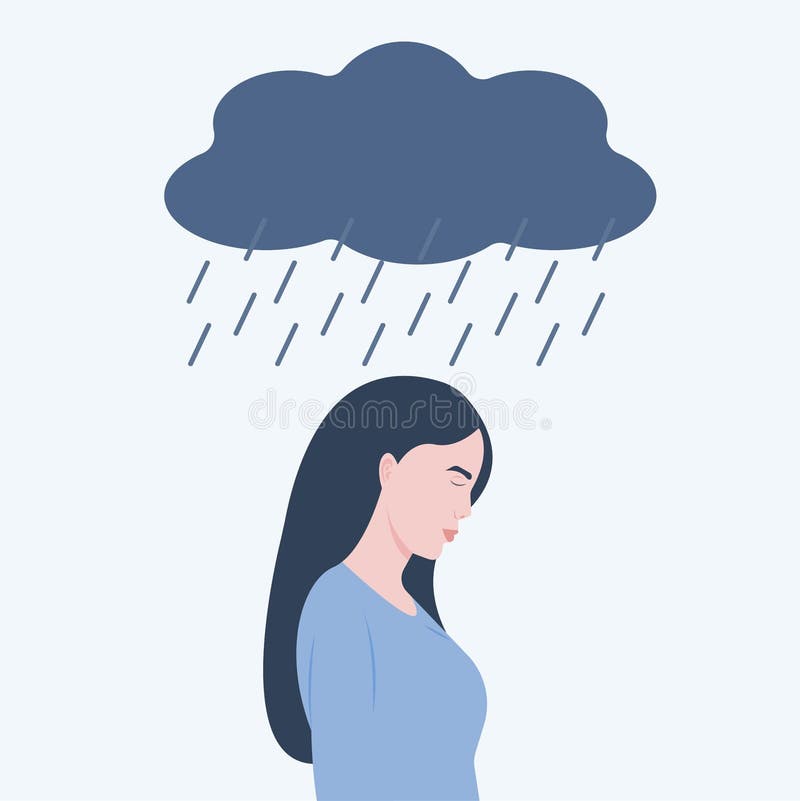 Depressed woman stand under the rain cloud. Close eyes female feels sad, crying, worry. vector illustration. stock illustration