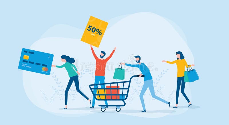 Flat vector illustration group cartoon character acting for shopping online royalty free illustration