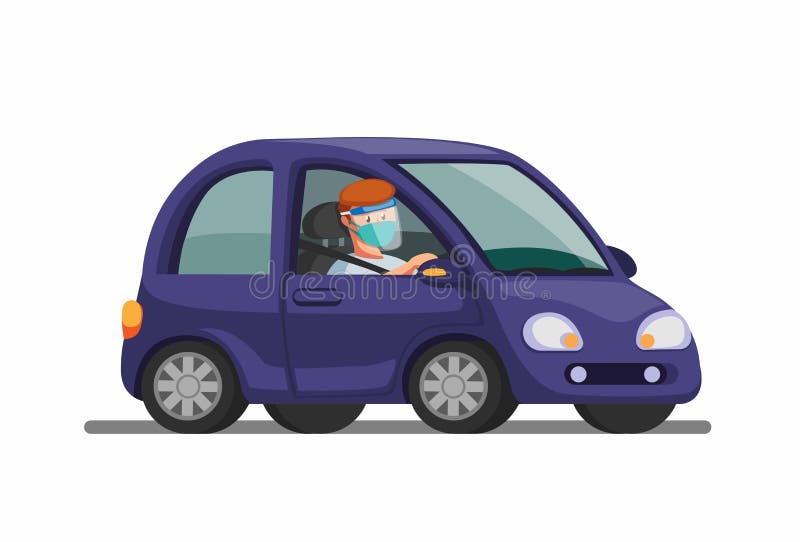 Man riding car wear mask and face shield. drive thru, and rapid test symbol in new normal activity. concept in cartoon illustratio stock illustration